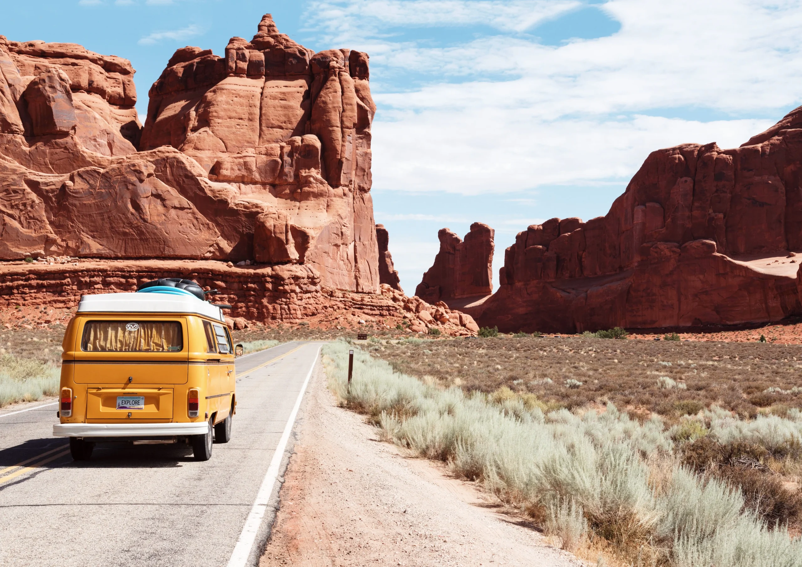 Yellow van in Nevada mountains